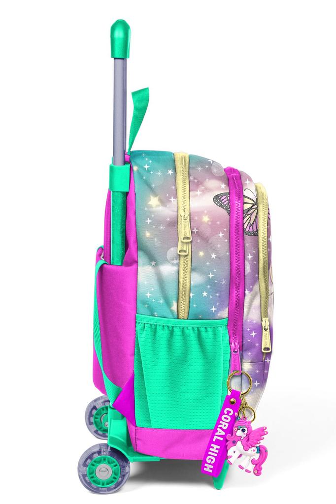 Coral High Kids Pink Aqua Zelená Jednorožec Dívčí vzorovaný tříkomorový školní batoh na vozík 23933