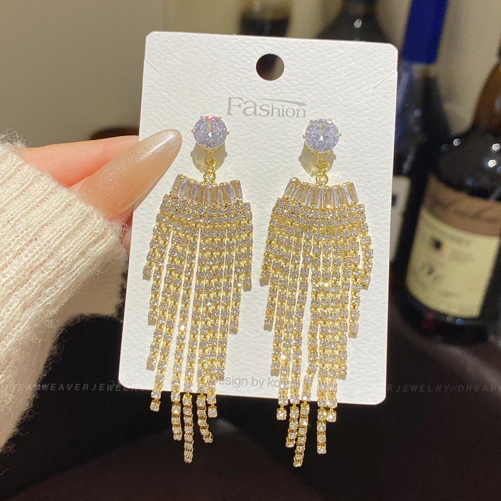 925 Sterling Silver Full Diamond Tassel Earrings – High-End European & American Style, Super Shiny, Luxurious Ear Jewelry for Women.