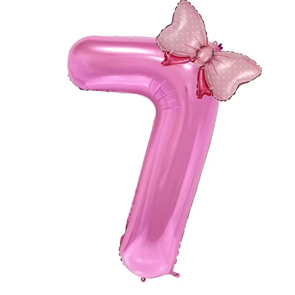 32inch Number Pink Foil Balloon With Mini Bow Set 1 2 3 4 5 6 7 8 9 For Kid Boys Girls Birthday Party Baby Shower Decorations