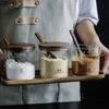 Glass Seasoning Jar Seasoning Box with Wooden Lid Seasoning Storage Jar with Tray Kitchen Salt Shaker Seasoning Jar Home Decor