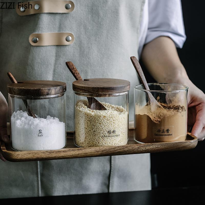 Glass Seasoning Jar Seasoning Box with Wooden Lid Seasoning Storage Jar with Tray Kitchen Salt Shaker Seasoning Jar Home Decor