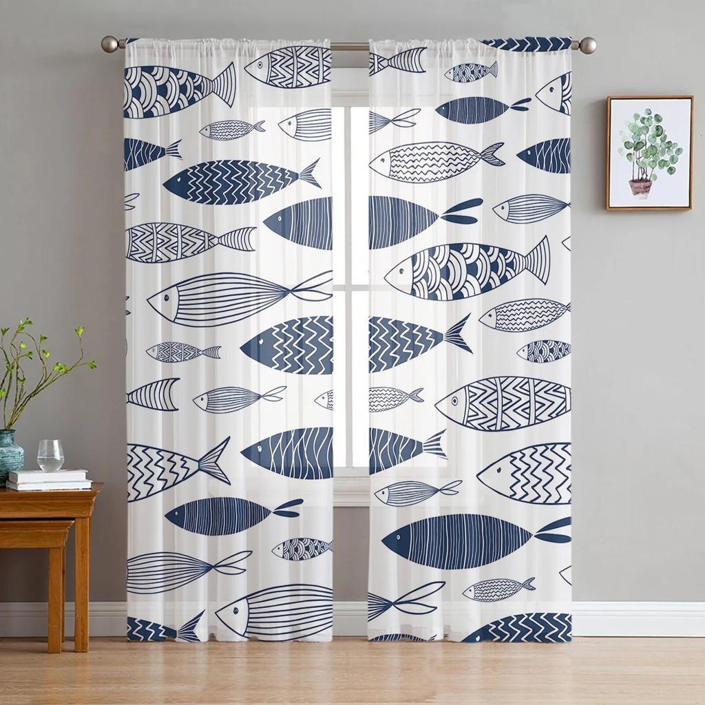 Carp Animal Fish Geometric Tulle Curtains For Living Room Sheer Curtain Bedroom Voile Decorative Window Treatments