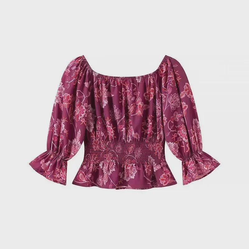 2024 Rose Red One-Shoulder Long-Sleeve Shirt & High-Waisted Skirt Set for Women