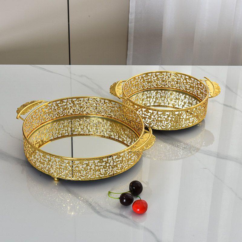 European Style Gold Metal Mirror Tray Home Multi-functional Storage Decoration Fruit Plate Glass Mirror Tray Home Decoration New