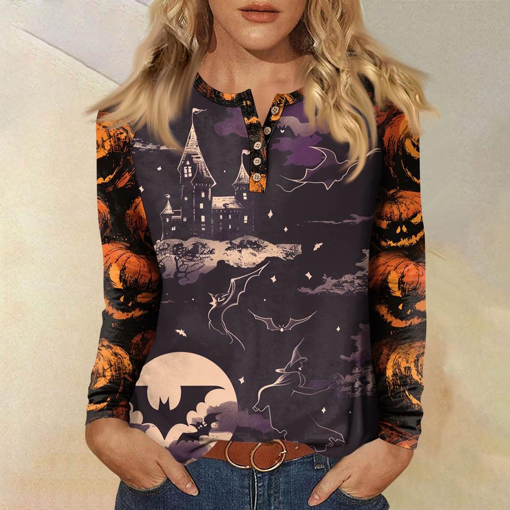 Women's T Shirt Print Long Sleeve Daily Fashion Basic Round Neck Button Raglan Sleeve Top