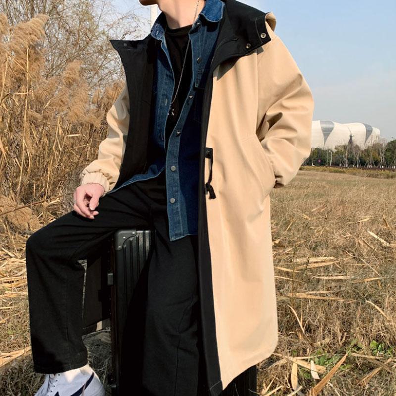 Fałszywe 2 szt. Wiatrówka Wiosna Duży rozmiar Bluza z kapturem Mężczyźni Casual Luźny płaszcz Jednolity kolor Wygodna kurtka Długa