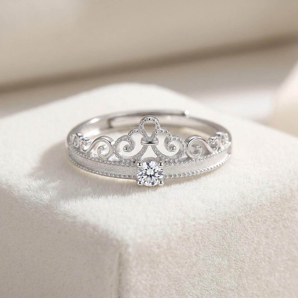 Anello S925 Argento a Forma di Cuore con Corona e Diamante - Regolabile Romantico Accessorio di Lusso