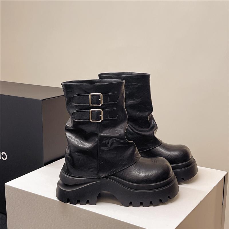 Fashion Shoes for Women New Mid-Calf Boots 10CM High Platform Modern Boots Belt Buckle Punk Shoes Female Leather Motorcycle Boots