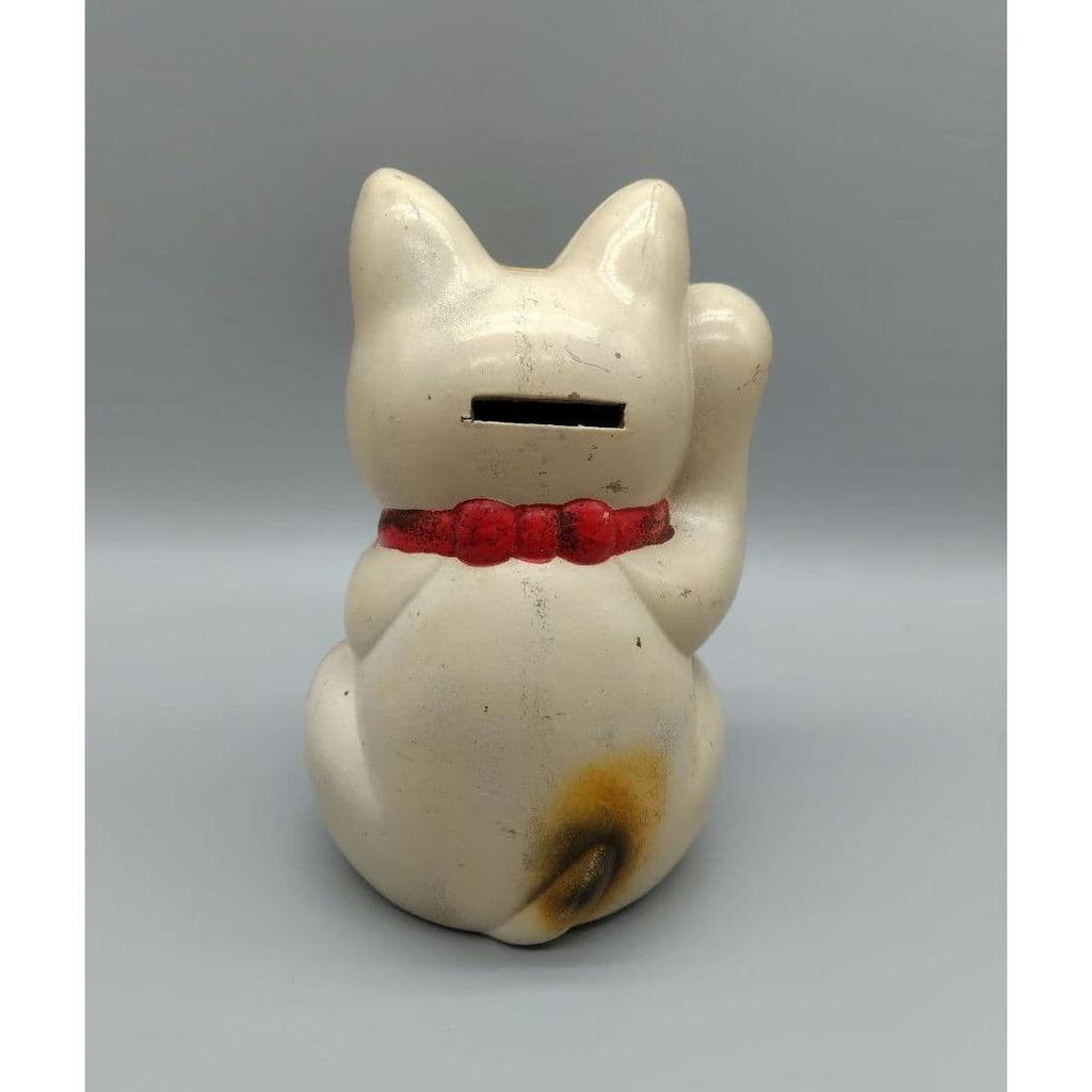 Used Vintage Maneki-neko (beckoning cat) piggy bank, approx. 21.5cm tall, early Showa period, for luck and fortune, money-attracting lucky charm.