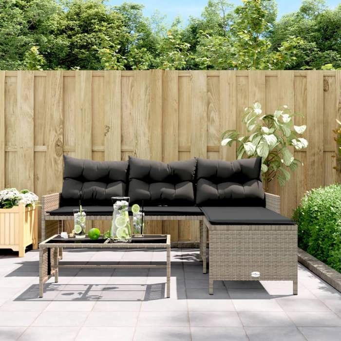 VidaXL Canapé de Jardin avec Table et Coussins en Forme de L, Siège de Patio, Meuble de Terrasse Balco Extérieur, Gris 365574