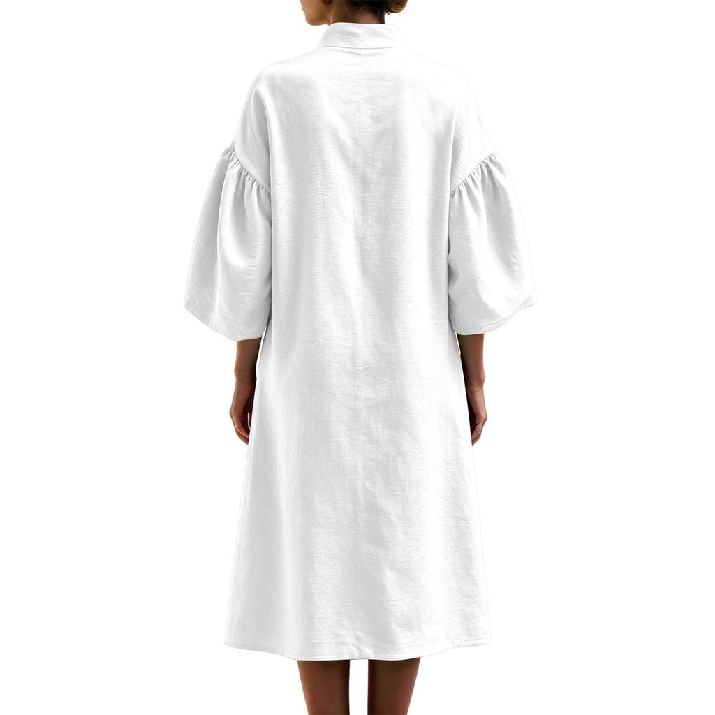 Women's Casual Loose Fit Half Zip Dress with Stand Collar and Puff Sleeves