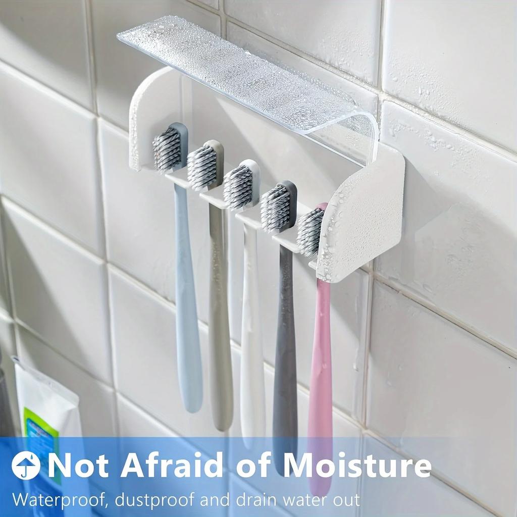 A Covered 5-slot Toothbrush Holder Self-adhesive Wall Toothbrush Storage Rack Plastic Bathroom Supplies