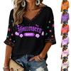 Women's V-Neck Three-Quarter Sleeve Halloween Print Blouse for Costume Party Seasonal Wear