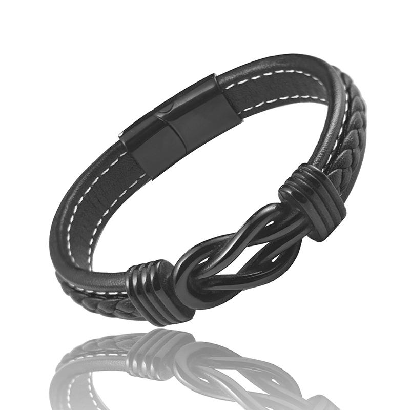 

High Quality Vintage Punk Men Leather Intertwined Bracelet Stainless Steel Knot Charm Magnetic Buckle Bangle Casual Wristband 22cm чорний