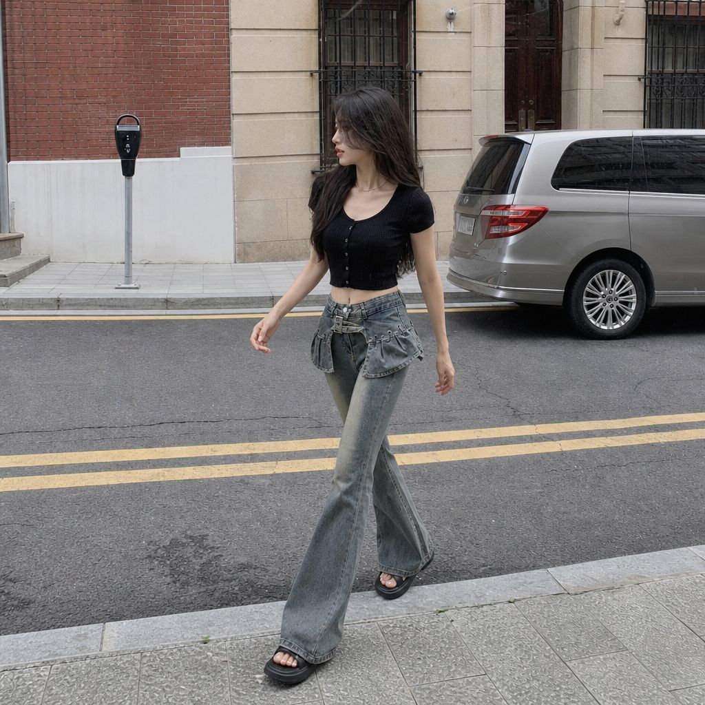 American Retro Micro-pull Jeans for Women's Summer High Waist and Thin Spice Girl Design Sense New Versatile Slim-fitting Floor-mopping Trousers