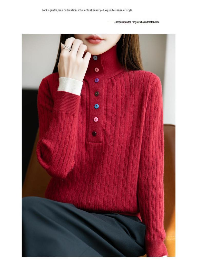 High-End Women's Retro Cable Knit Sweater: Two-Piece, Half-Open Collar, Korean Style, Autumn/Winter Slimming Knitwear