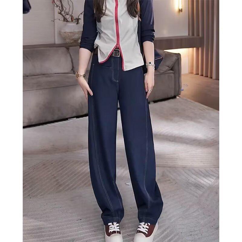 

Женские брюки-бананы на раннюю осень - Джинсы больших размеров для фигуры типа груша с широкими штанинами 2XL темно-синий