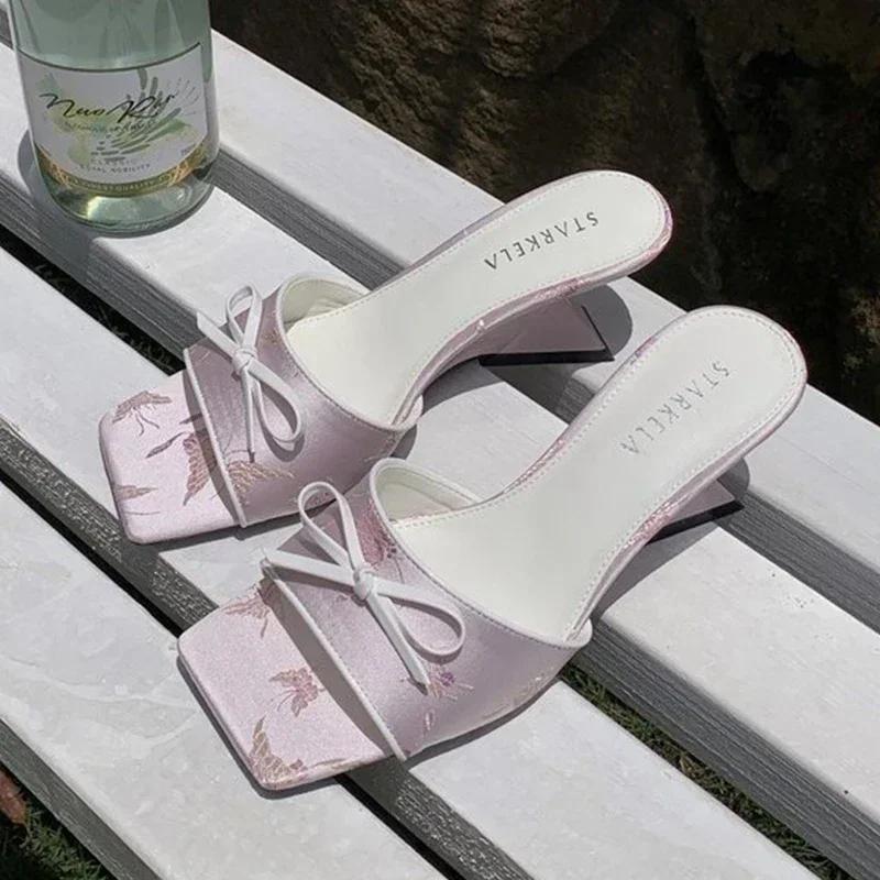 Bow Women's Slippers Designer High Heels Shoes Sexy Heeled Sandals 2025 New Brand Summer Pumps Party Flip Flops Zapatos De Mujer