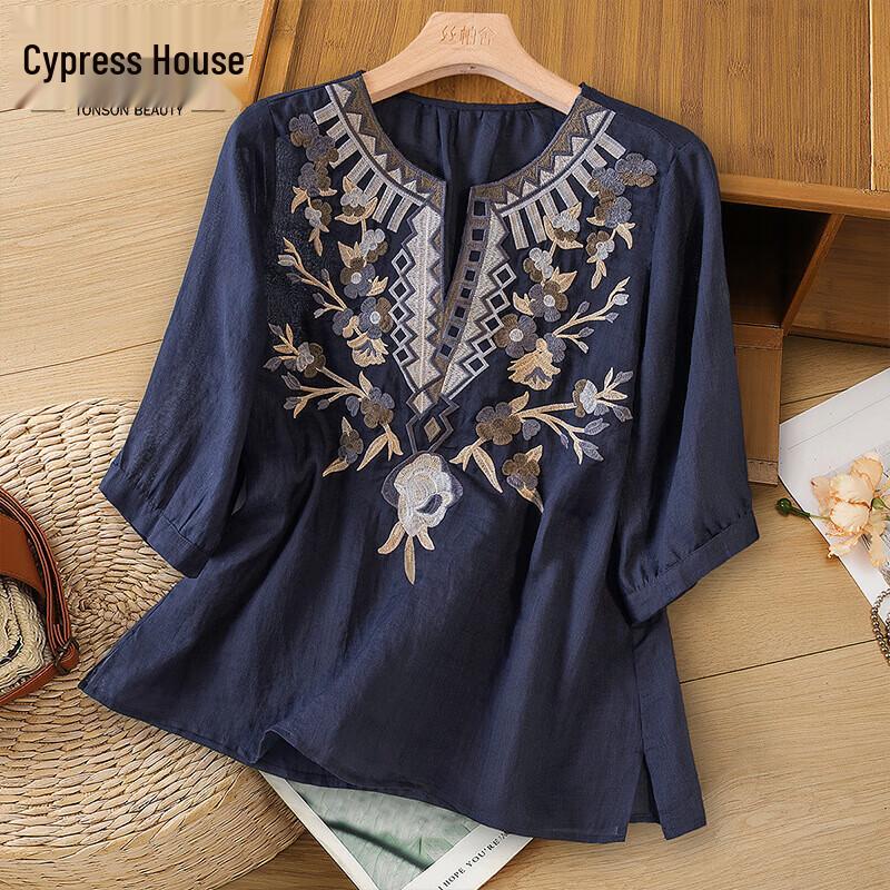 Women s New Chinese Style Loose V-Neck Half-Sleeve Top L