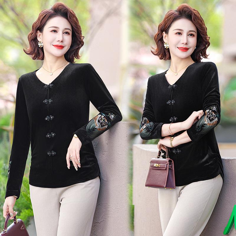 

Шикарная футболка с V-образным вырезом из золотого бархата для женщин - весенне-осенний топ в китайском стиле XXXL (120-130 jin) чёрный