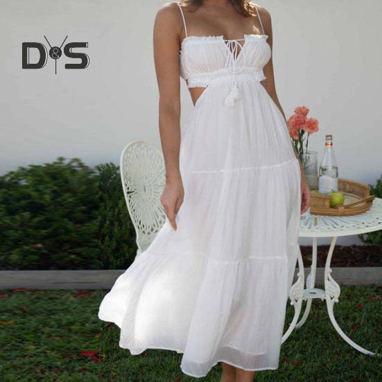 Ženy Sexy Bandeau Popruh Dlouhé šaty Šněrování Bez zad Nízký střih Midi Šaty Šití Splývavý lem Špagetová ramínka Pěstované šaty