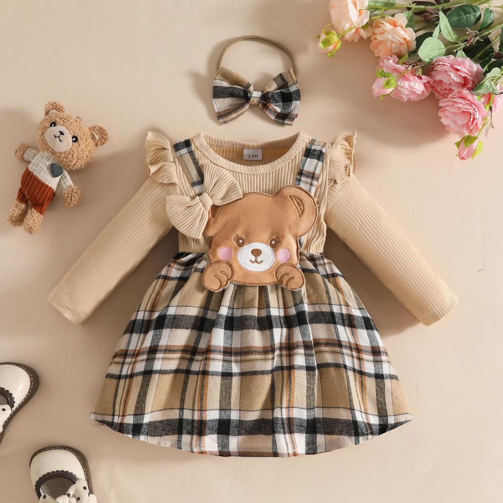 Baby Girl Cartoon Bear Plaid Patchwork Jumpsuit with Fake Straps and Long Sleeves - Autumn/Winter Trendy Outfit