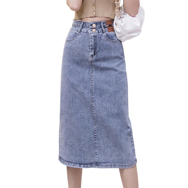 Korean Style High Waist Elastic Bodycon A-line Slit Midi Denim Skirt - Spring/Autumn 2024