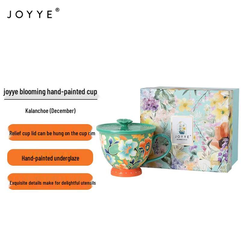 JOYYE Hand-Painted Kalanchoe Flower Ceramic Mug with Lid