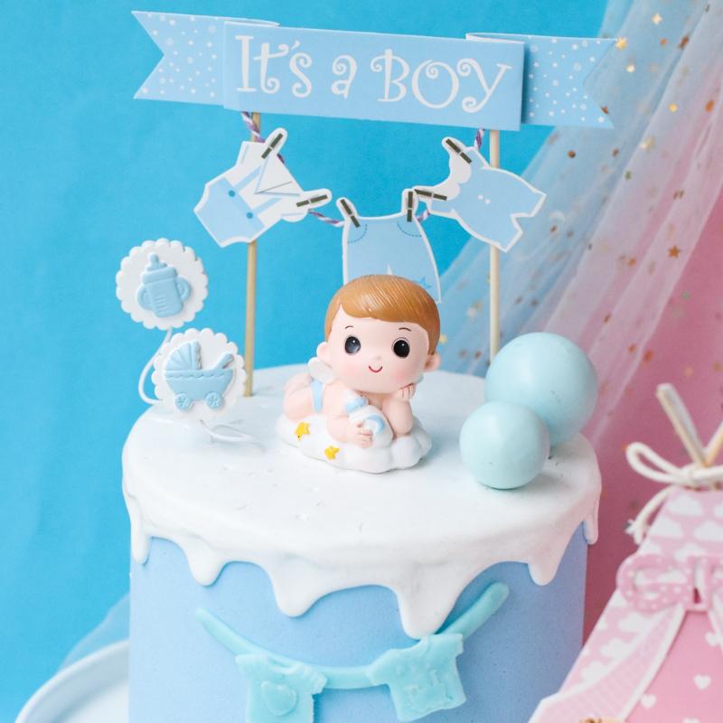 Gender Reveal Cake Decoration Blue Pink Baby Boy Girl Cake Toppers Baby Bottle Stroller Happy Birthday Cupcake Topper Baking