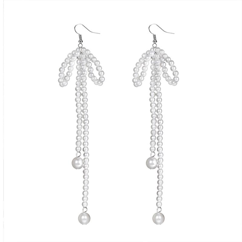 Vintage Imitation Pearl Bowknot Drop Earrings for Women Handmade Beads Long Hanging Earrings Girls Party Wedding Jewelry Gift