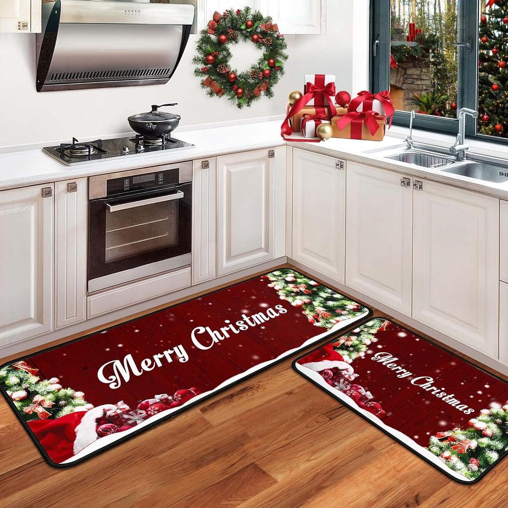 2pcs Christmas Kitchen Area Rug Durable Entrance Welcome Floor Mat for Balcony Corridor Long Rug for Home Decoration