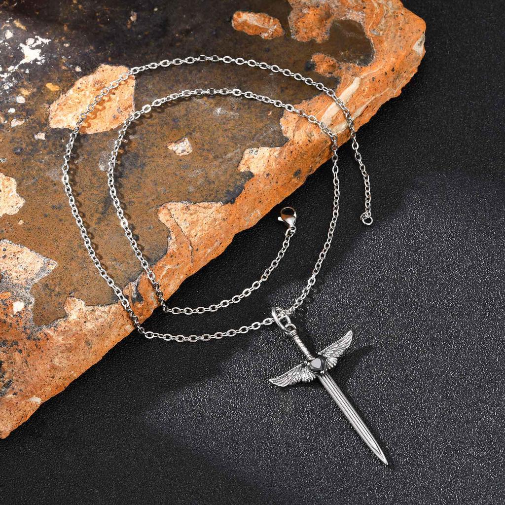 Stainless Steel Halloween Anime Black Zircon Sword & Angel Wings Pendant PN-2245