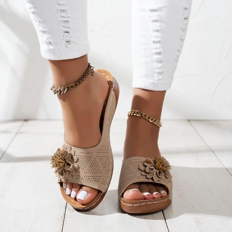 Fashion Sandals Women Summer New 2025 Women's Woven Flower Wedge Slippers Outdoor Sports Beach Casual Peep Toe Comfortable Shoes