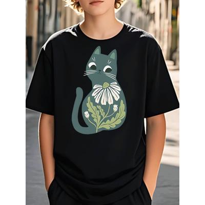 Europäische Größen T-Shirt Jungen Kleidung Lässig Trendig Blumig Katze Grafik Kinderbekleidung für Jungen