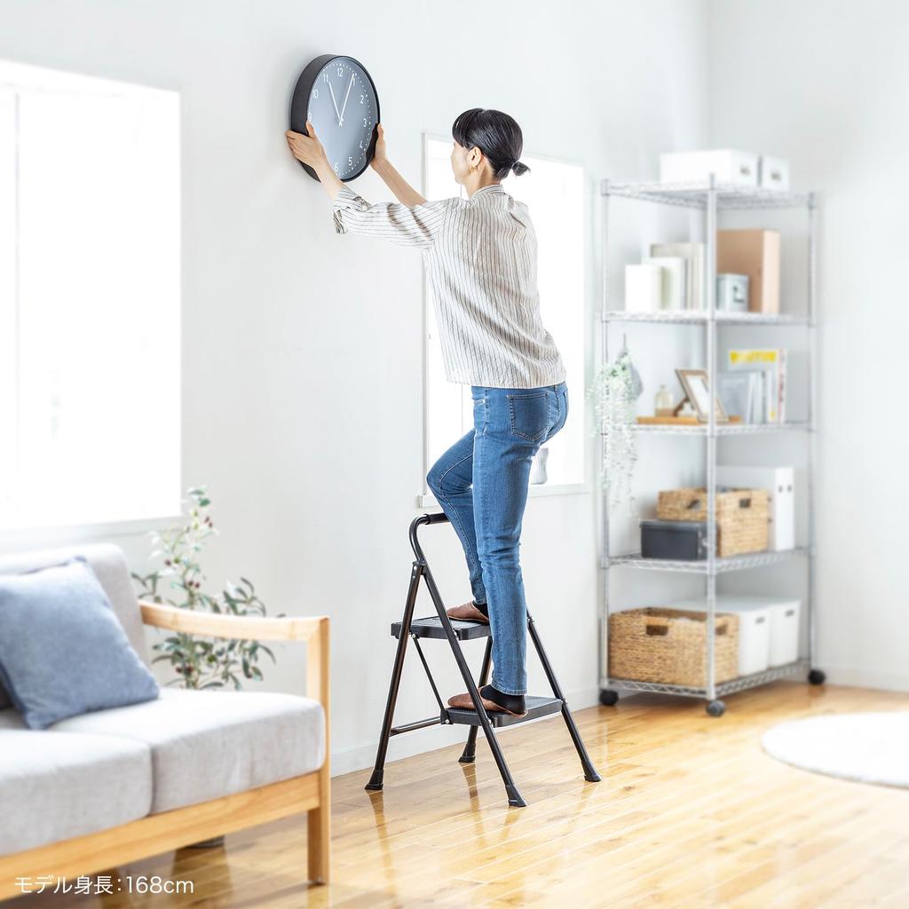 Sanwa Supply STL-1 2-Step Folding Stepladder, 150kg Weight Capacity, Steel Frame, Black