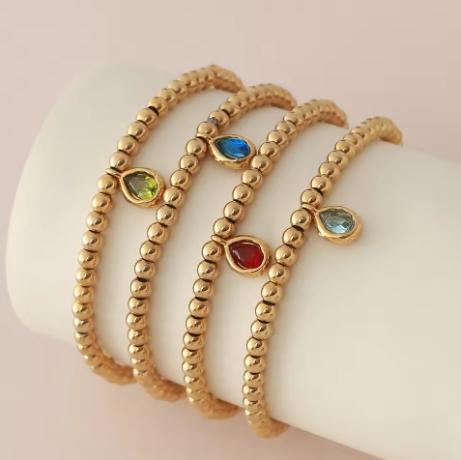MHS.SUN Stainless Steel Gold Plated 12 Months Birthstone Beaded Bracelets For Women Men Zircon Water Droplet Charm Trend Jewelry