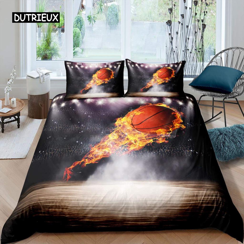 Zestaw Poszwy na Kołdrę Koszykówka Czarny Motyw Sportów Z Piłką Zestaw Pościeli Mikrofibra Boisko do Koszykówki Gry Zawodowe Królewski Pokrowiec na Kołdrę