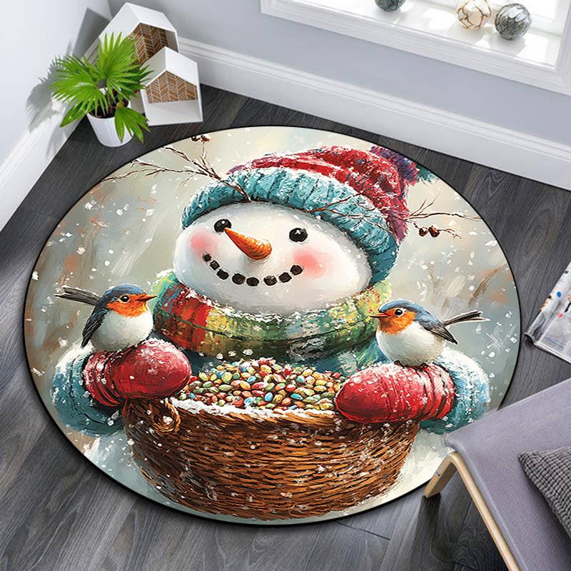 Snowman with Birds Round Area Rug,Carpet Rug for Living Room Bedroom Sofa Playroom Decor,Non-slip Floor Mat