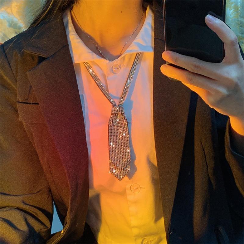 Luxury Adjustable Rhinestone Necktie Double Layer Ties Tassel Ribbon Necktie Unisex