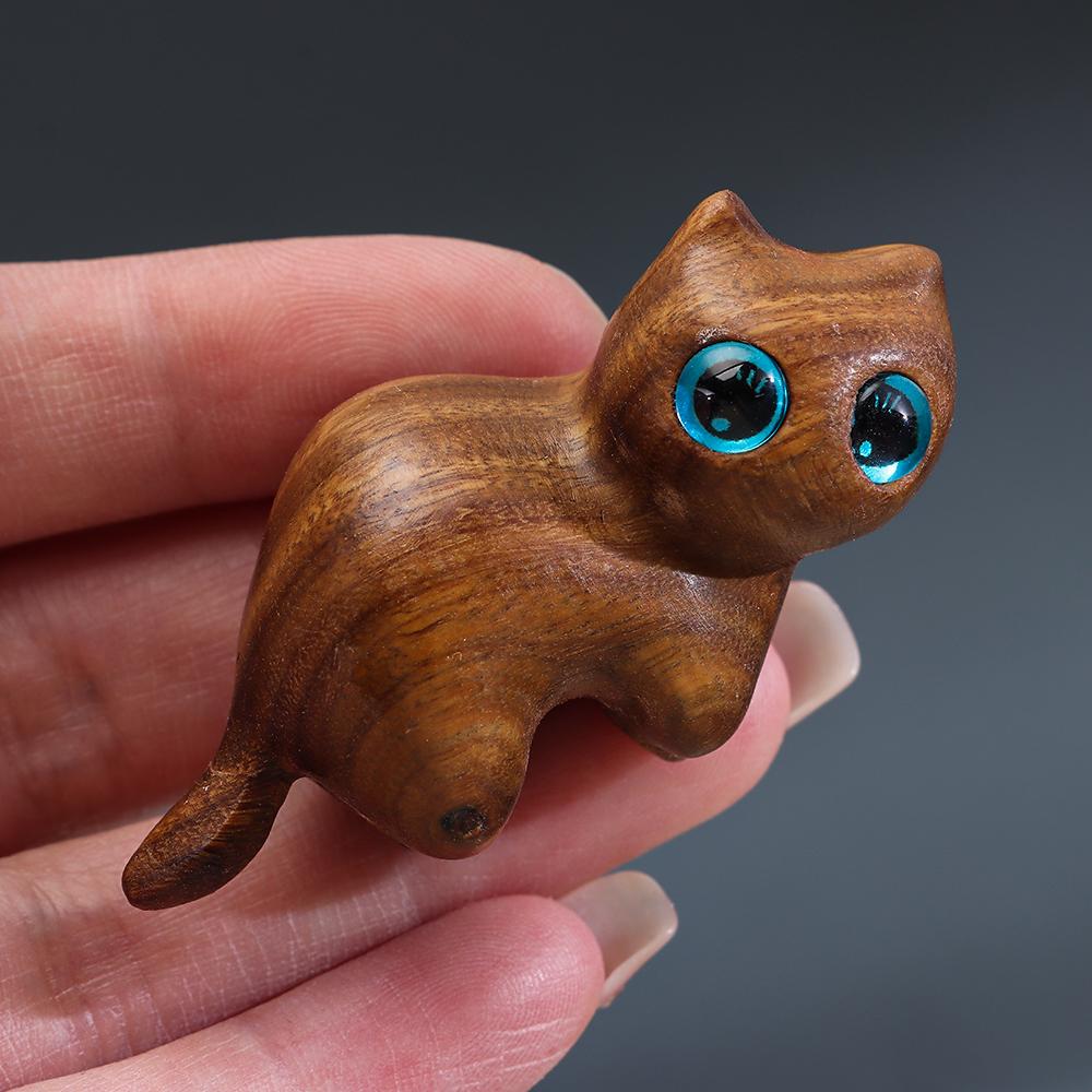 Cute Sandalwood Sculpture Desk Ornaments Wooden Statue Cat Memorial Statues Handmade Wood Carved Cats Cute Cat Pattern