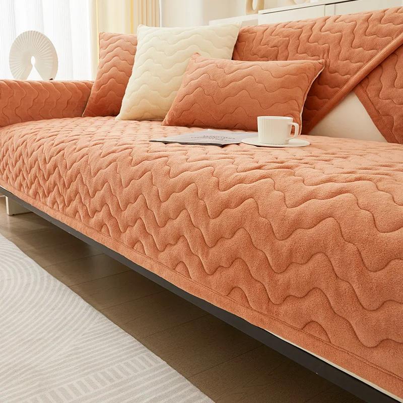 Waves Lines Sofatrekk Vinter Tykking Varm Plysj Sofa Håndkle Sklisikkert skinn Universal Ensfarget Sofaputer Stue