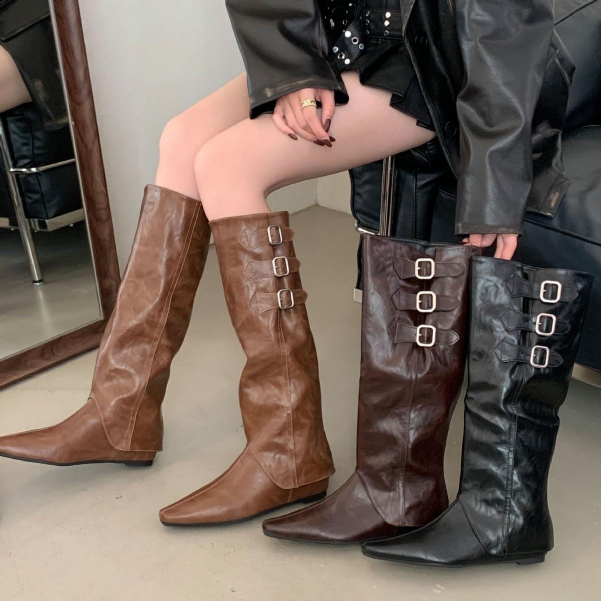 

2025 new Korean version square head soft leather high tube belt buckle inner height increase straight tube thin knight but knee women s boots 39 коричневий