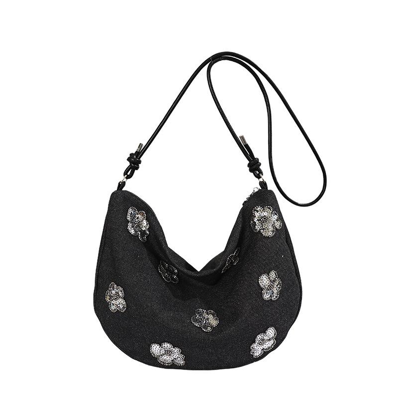 Niche flower sequined bag women's summer new denim bag fashion versatile commuter shoulder messenger bag