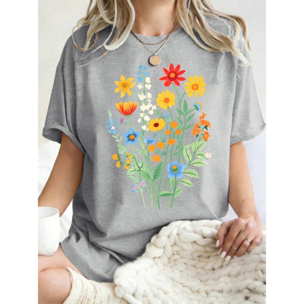 Beautiful Flowers That Grow Vigorously Prints Women T-Shirt Casual Loose T Shirts Cotton Sportswear Crewneck Short Sleeve