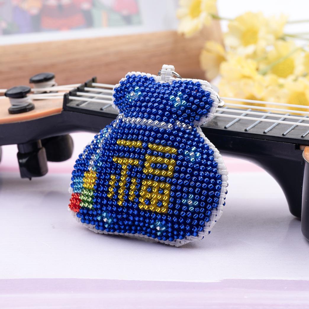 Beaded Colorful Cross Stitch Double-Sided Embroidery Keychain Pendant - Red Fortune Bag