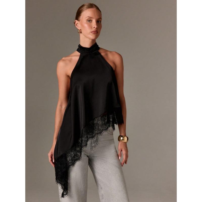 Women Summer Sleeveless Halter Top Satin Lace Trim Asymmetrical Hem Blouse