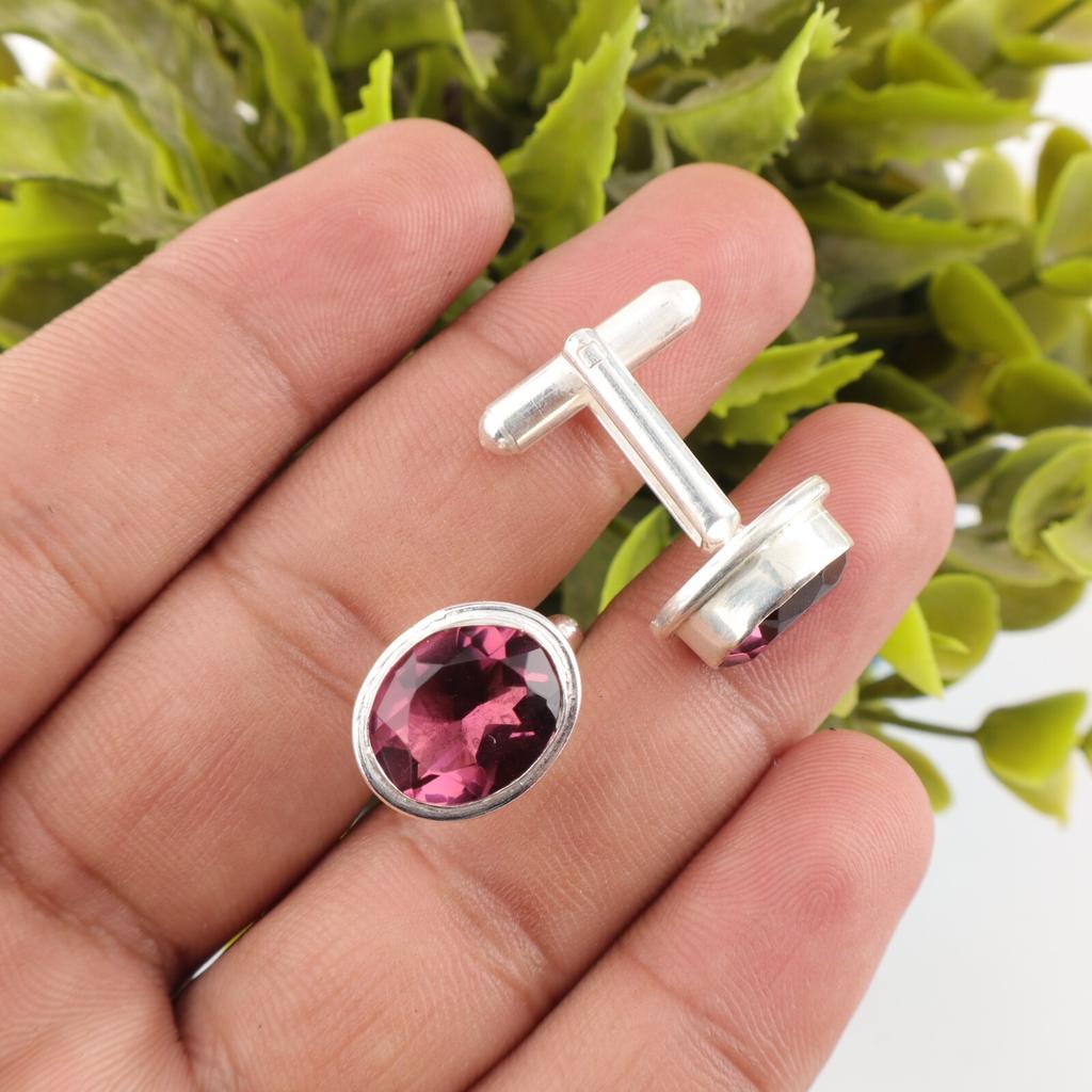 Rhodolite Gemstone 925 Sterling Silver Handmade Jewelry Cufflinks 0.59" For Gift CL-2-10