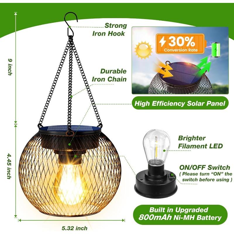Solar Lanterns Outdoor Waterproof Metal Hanging Lights with Hooks Auto On/Off Warm Lighting for Porch Garden Yard Pathway Patio Landscape Decor