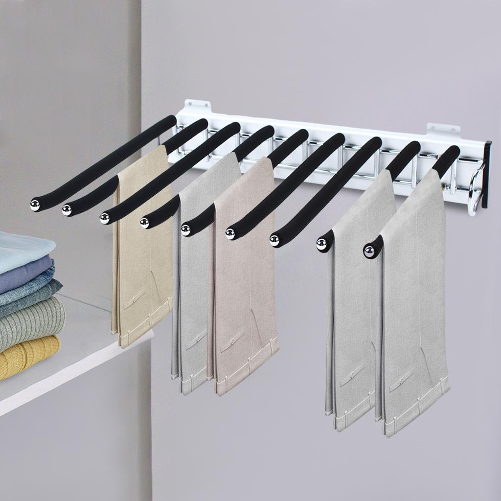 Bymaocar 9 Arms Pull Out Trouser Rack Closet Pants Clothes Hangers Storage Holder Space Saving Silent with 3-section Rail & Base