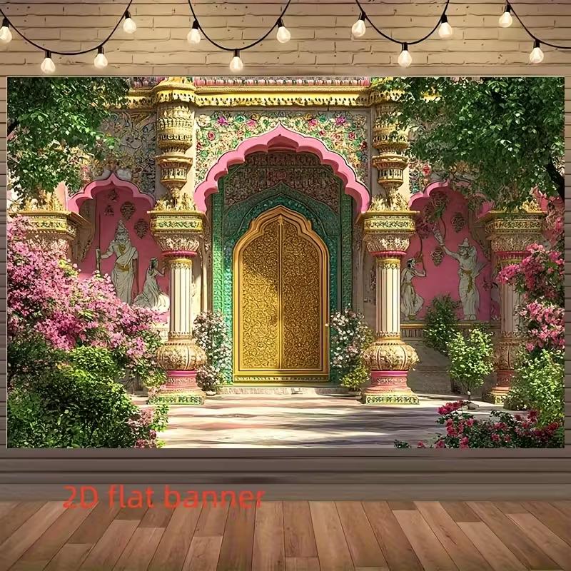 

2D Ramadan Kareem Polyester Backdrop, Blue Gold Mosque & Crescent Moon Background for Eid Decor 47.2x31.5inch/120*80cm
